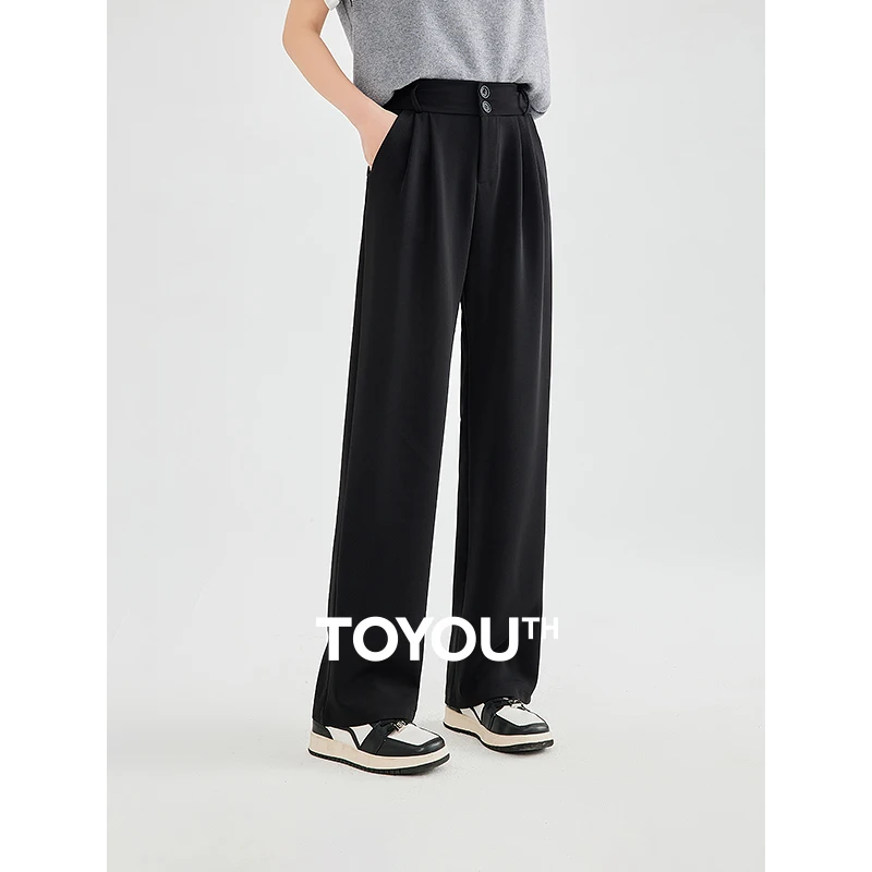 

TOYOUTH Women Casual Pants 2024 Summer New Minimalist Solid Color Straight Wide Leg Workwear Suit Pants Black