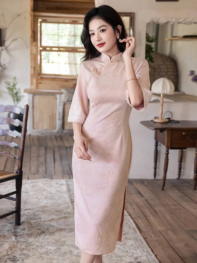 

Розовое вечернее платье для помолвки, винтажное повседневное платье для похудения, женское модное длинное Ципао с высоким ...