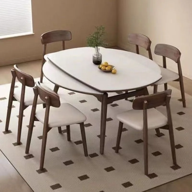 solid wood wind rock slab dining table, household extendable, miniaturized apartment, light luxury, square and round dual