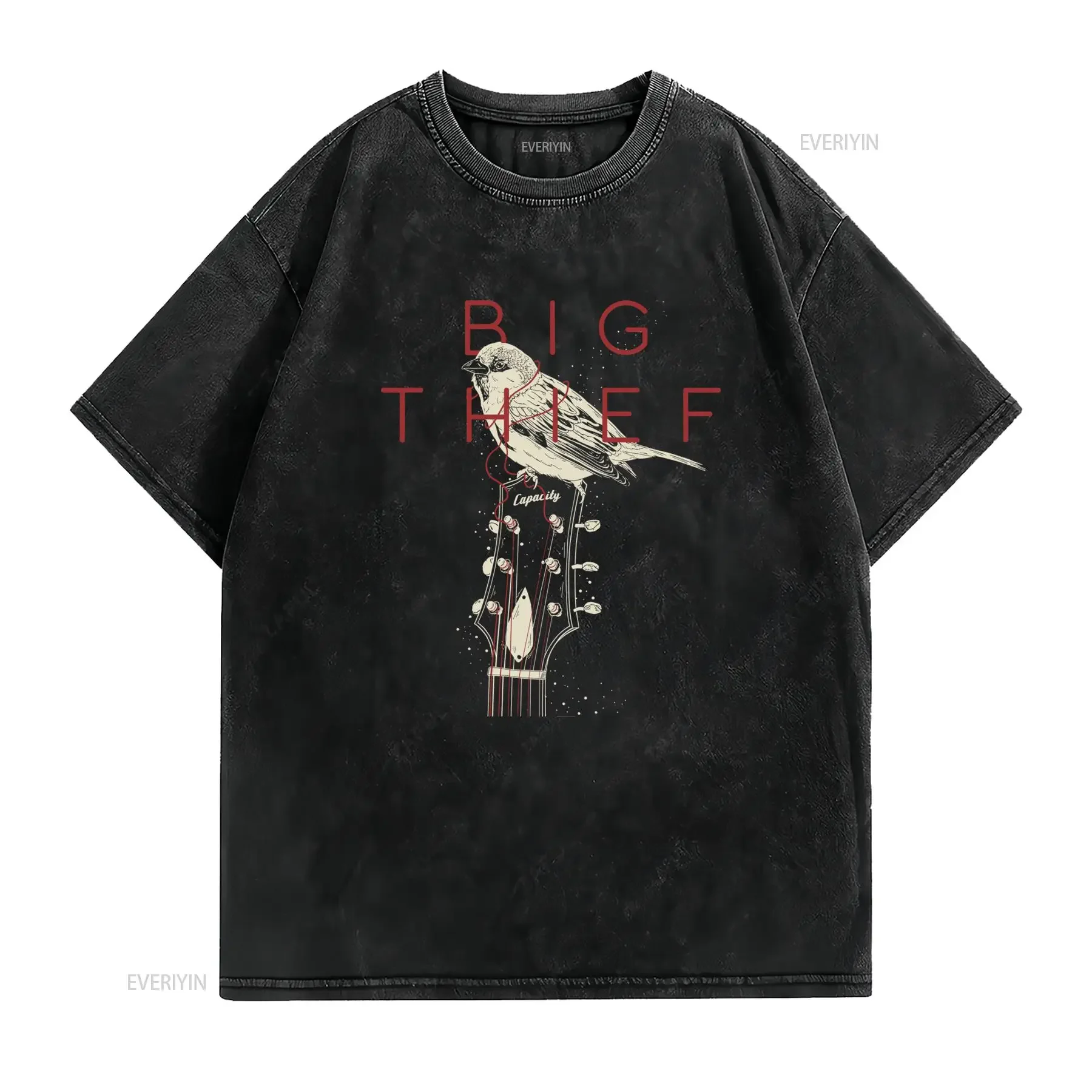 Vintage Indie Rock Big Thief Bird Guitar Line Art Print Casual T Shirt vintage Washed Stylish homme graphic Unisex Slightly