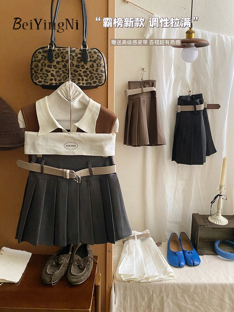 Beiyingni Y2K Vintage Women's Pleated Skirt Belted Casual Preppy Style Mini A-line Skirts Girls Fashion Sexy High Waisted Faldas