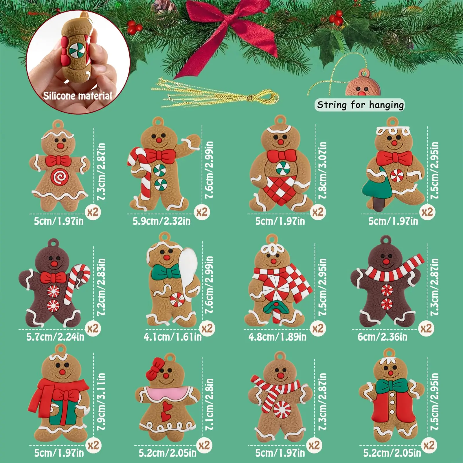 12 Stück Lebkuchenmann-Ornamente für den Weihnachtsbaum, verschiedene Lebkuchenfiguren-Ornamente, Weihnachtsbaum-Hängedekorationen – Detail 1