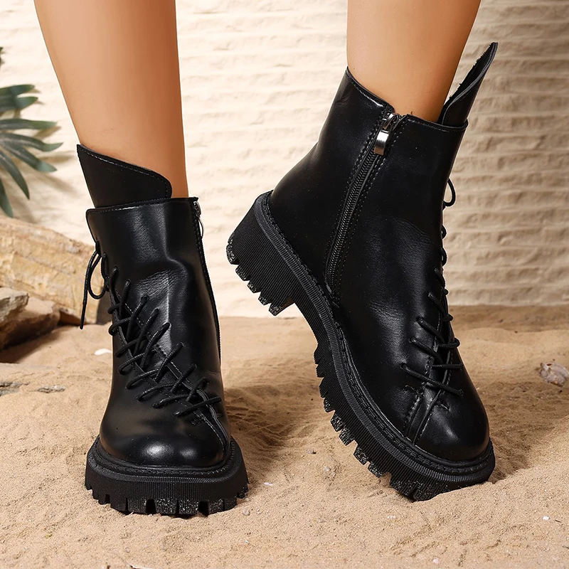 

Women Ankle Boots Designer Lace Up Flats Shoes 2025 New Woman Casual Leather Shoes Winter Non Slip Chelsea Boots Mujer Zapatos