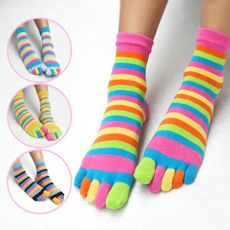 

New Women Toe Socks Funny Five Fingers Socks Colorful Striped Printed Rainbow Cotton Breathable Women's Short Socks