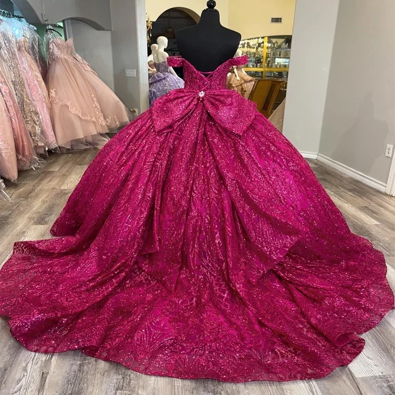 Angelsbridep Customized Off Shoulder Hot Pink Ball Gown Quinceanera Dresses Vestidos 15 Años Quinceañera Lace Up Bow Ballkleider