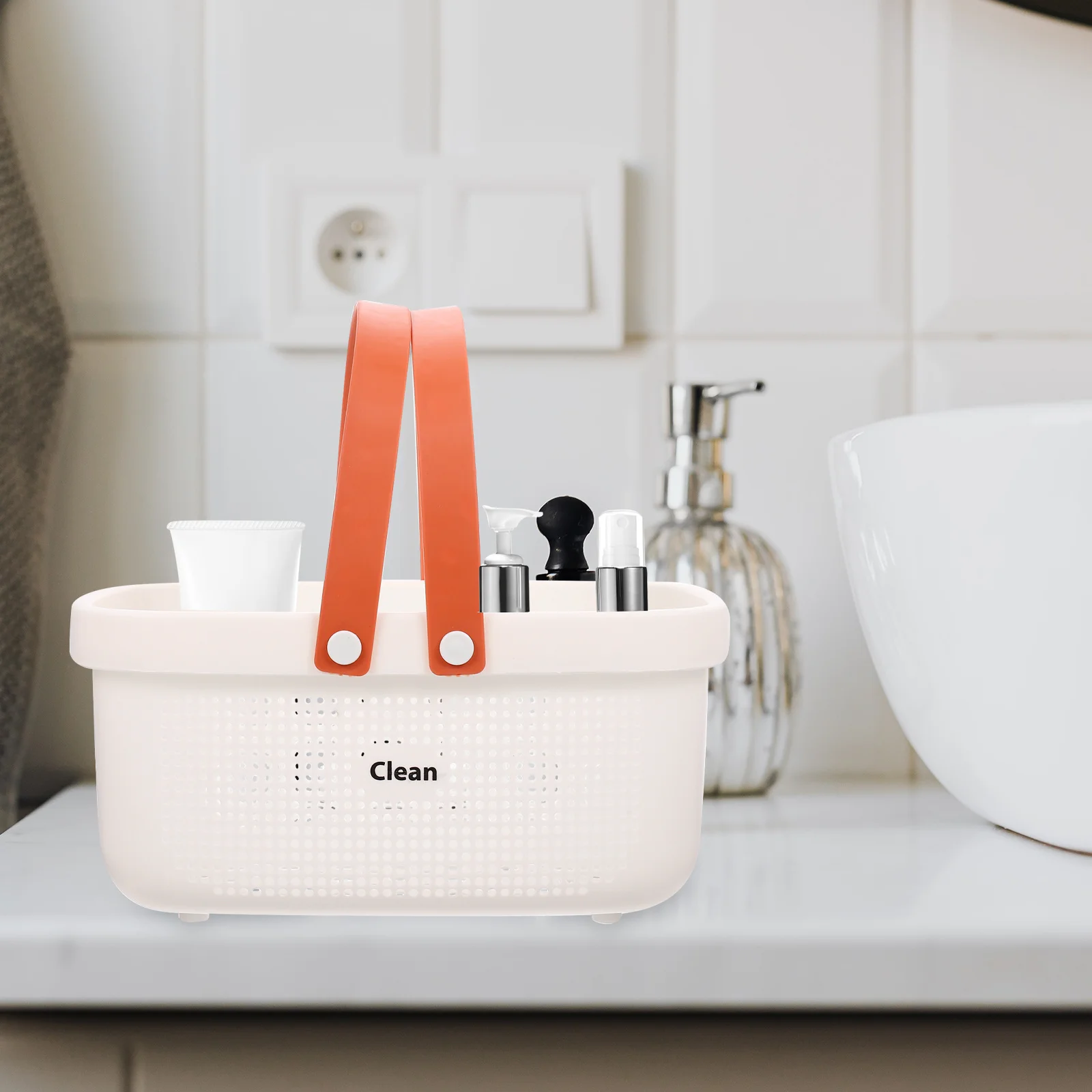 سلة أدوات الزينة ذات سعة كبيرة، منظم تخزين الدش المحمول، تصميم مجوف، حامل ثقوب الصرف البلاستيكي