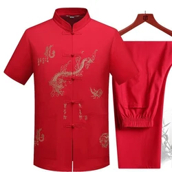 Men's Chinese Traditional Tang Clothing Top Mandarin Collar Kung Fu Wing Chun Garment Top Short Sleeve Embroidery Dragon Shirt