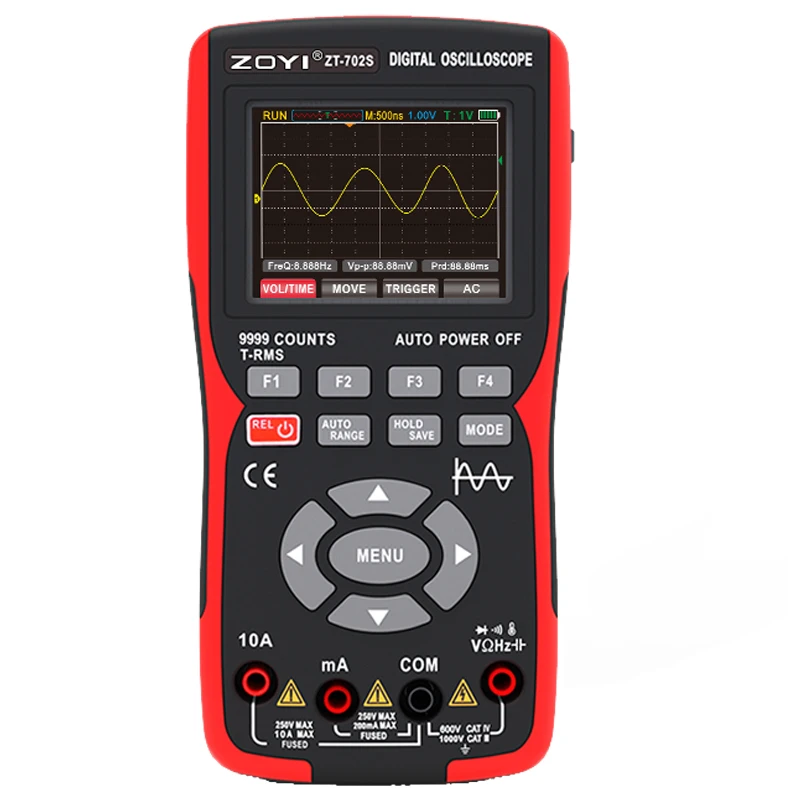 ZOYI ZT-702S 2-in-1 draagbare digitale auto-oscilloscoopmultimeter, enkelkanaals 10MHZ bandbreedte, 64Kbyte opnamelengte, 48