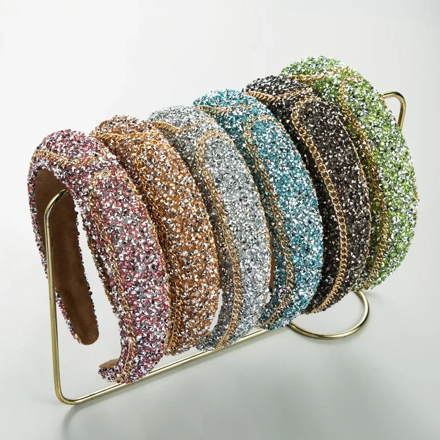 

Sparkly Micro Pave Crystal Headband Luxury Gold Chain Edging Hairband Thick Padded Sponge Tiara Bling Party Hair Ornament
