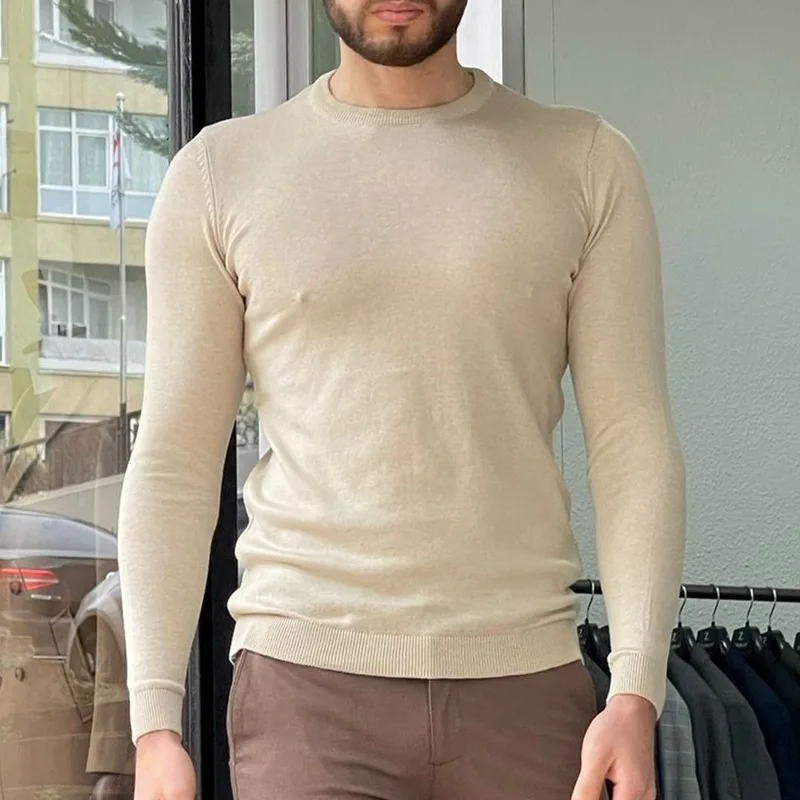 Light Luxury Men Spring Thin Fashion Crew-neck Slim-fit Business Men's Bottom Knit Sweater Home Office Single Wear Thin Sweater