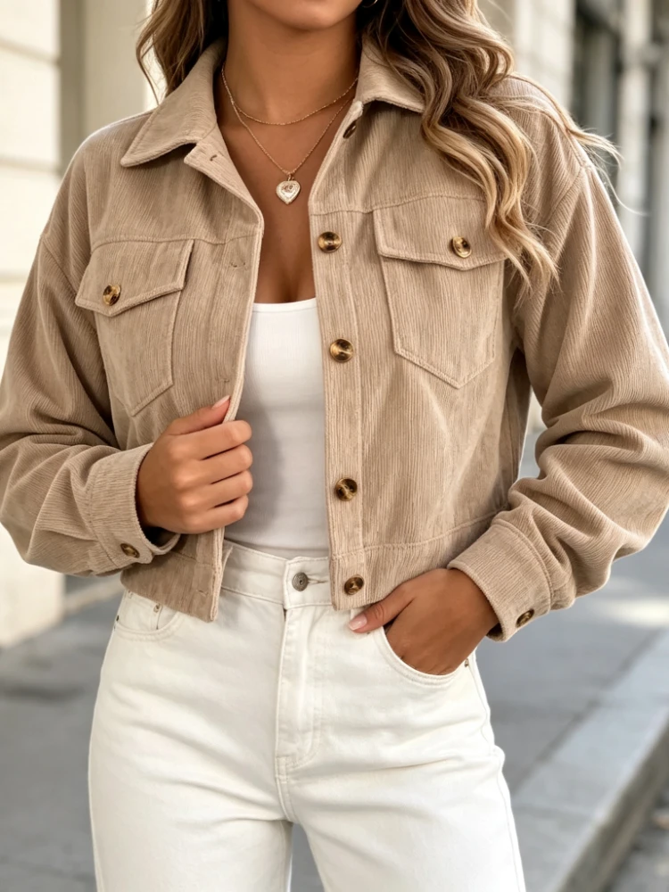 Solid Corduroy Lapel Cropped Shirt Jacket Women 2026 Autumn Long Sleeve Button Down Chest Pockets Casual Streetwear Blouse