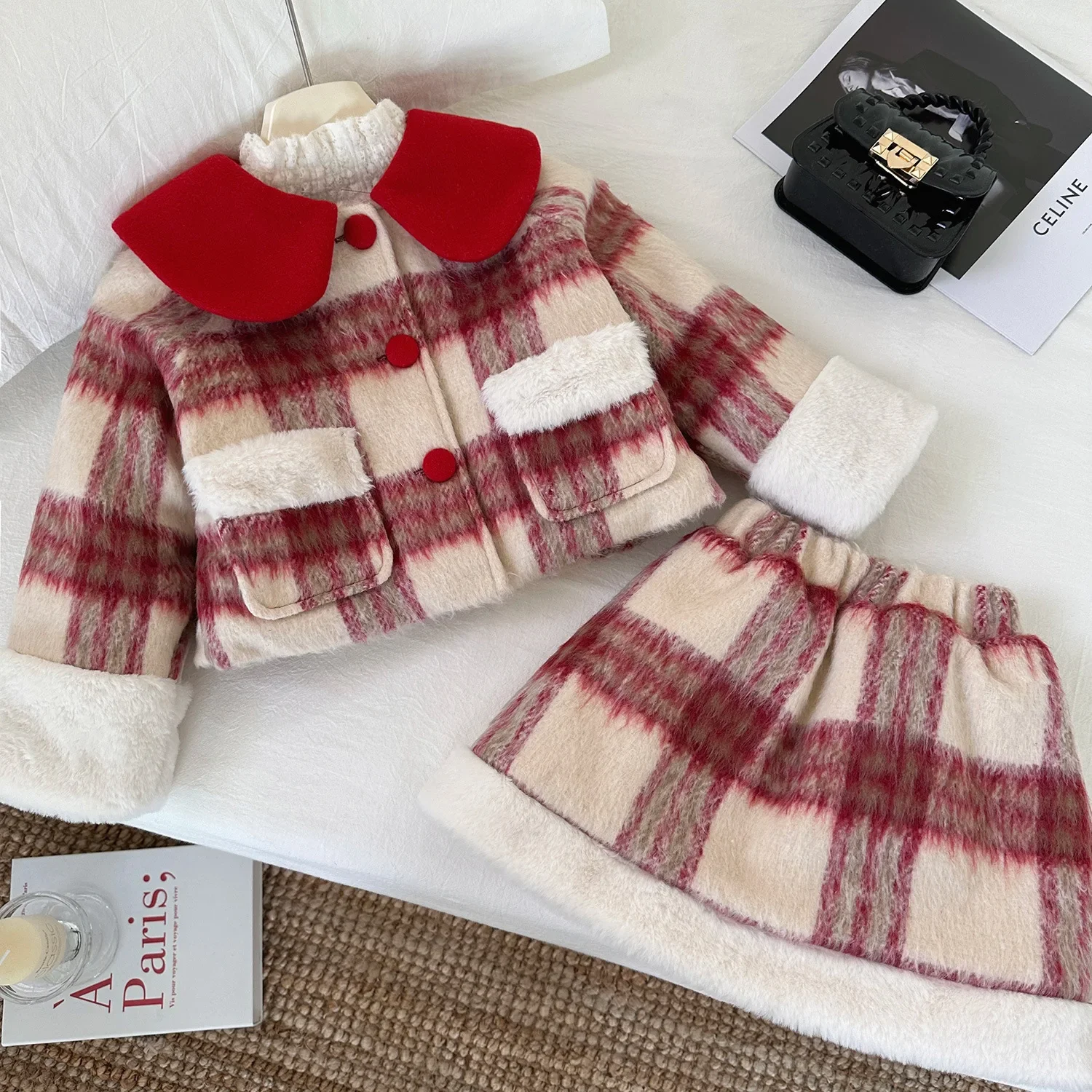 Girls Red Plaid Padded Coat & Skirt Set – 2-Piece Winter Outfit, Warm Quilted Jacket for Toddler Kids Toddler Girl Clothes