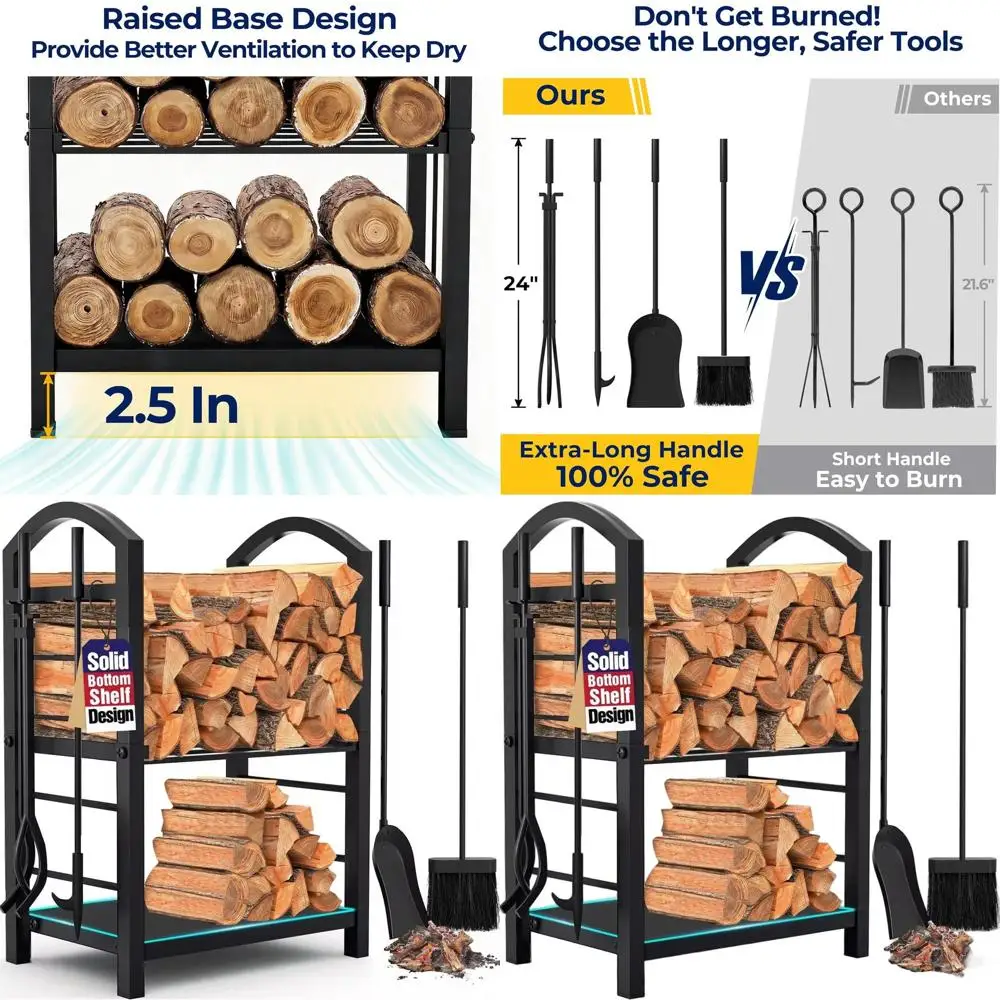 

Набор из 5 предметов для хранения дров из кованого железа с инструментами, идеально подходит для камина, дровяной печи и уличного очага, черный