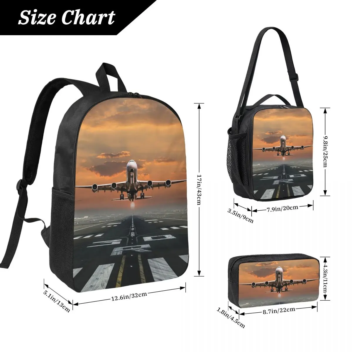 Airplane Takeoff Backpack Student Boys Girls BookBag School Bag Computer Shoulder Bags 3ps Insulated Lunch Bag Pencil Case