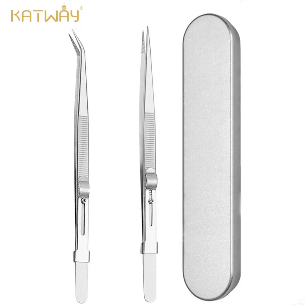 

KATWAY Stainless Steel Precision Tweezers 2pcs Fine Tip Straight and Curved Non-Slip Locking Tweezers for Jewelry HH-AA17