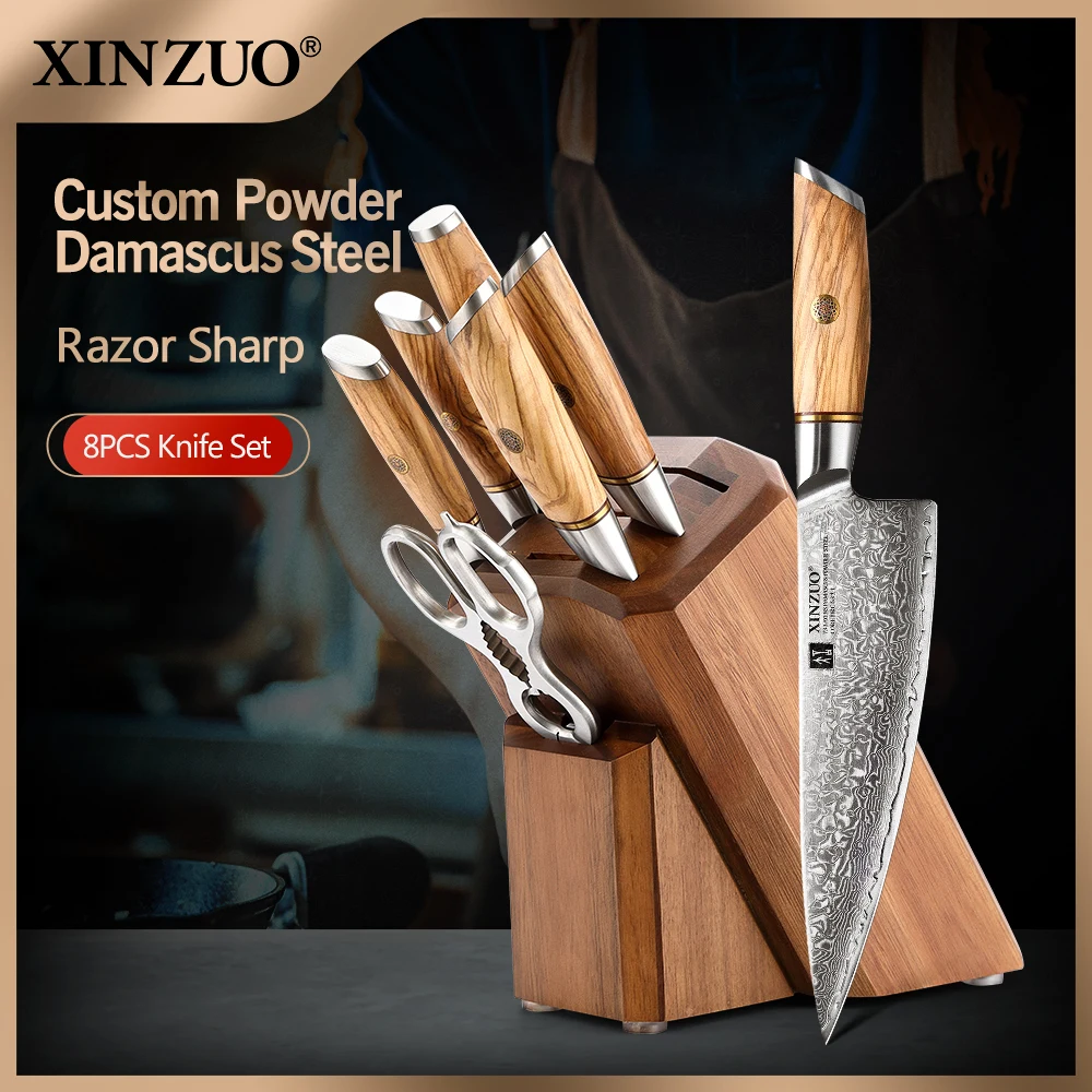 

XINZUO 8pcs Knife Holder Set with Sharpener Kitchen Scissors Power Damascus Steel Cooking Tools Olive Wood Handle