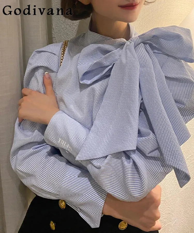 

Японская блузка в синюю полоску с длинным рукавом, весна-осень 2026, для девочек и женщин, приталенная, с большим бантом и шнуровкой