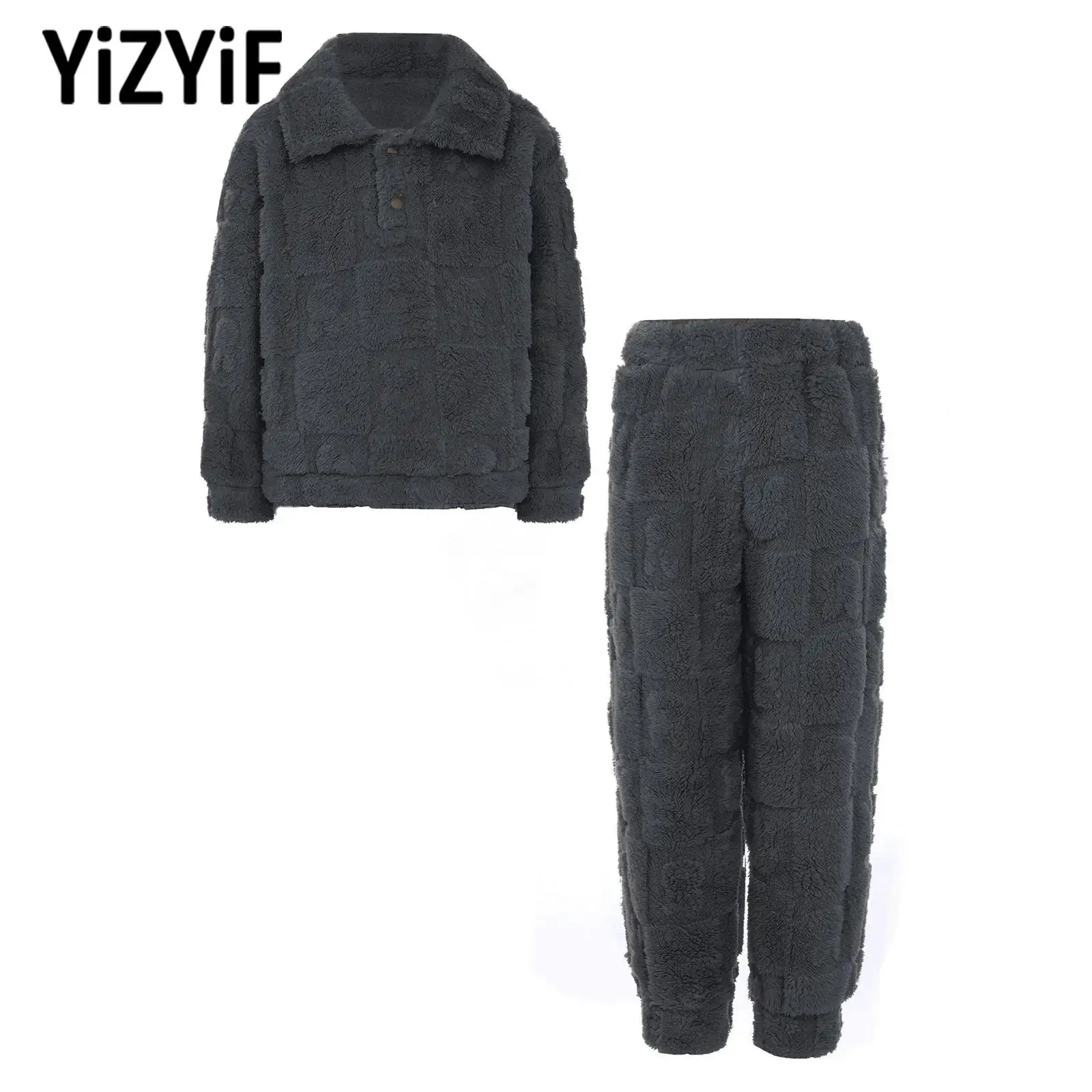 Children Girls 2Pcs Fuzzy Flannel Pajama Outfit Sleepwear Homewear Long Sleeve Pullover Top+Pants Set for Warm-up Holiday Party