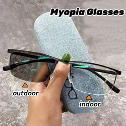 Photochromic Business Half Frame Myopia Glasses Luxury Metal Near Sight Eyeglasses Finished Optical Minus Eyewear Diopter To-6.0