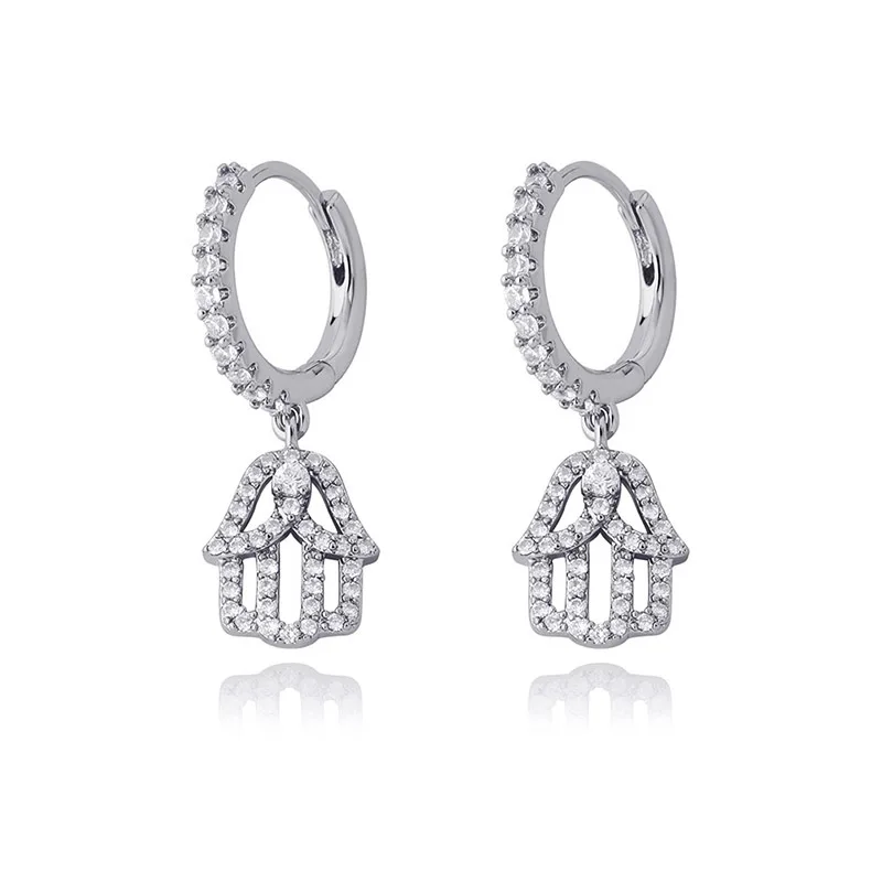 Iced Out CZ Hand Dangle Hoop Earrings Bling Hand of Fatima Drop Earrings Hip Hop INS Jewelry For Women Gold Silver Rose Gold