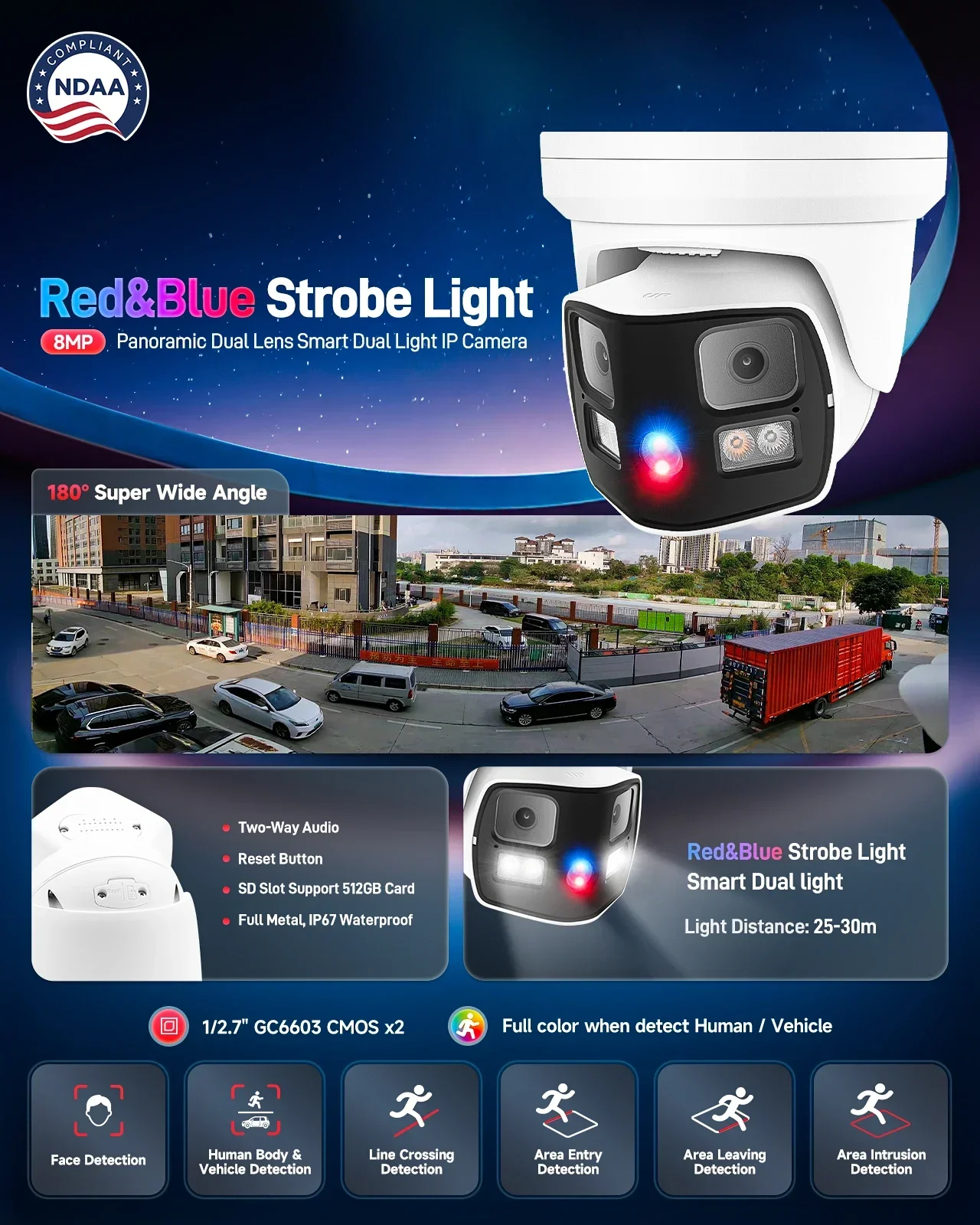 4K 8MP Dual Lens AI PoE Turret Camera 180 Panoramic Red Blue Flashlight Alarm Active Deterrent