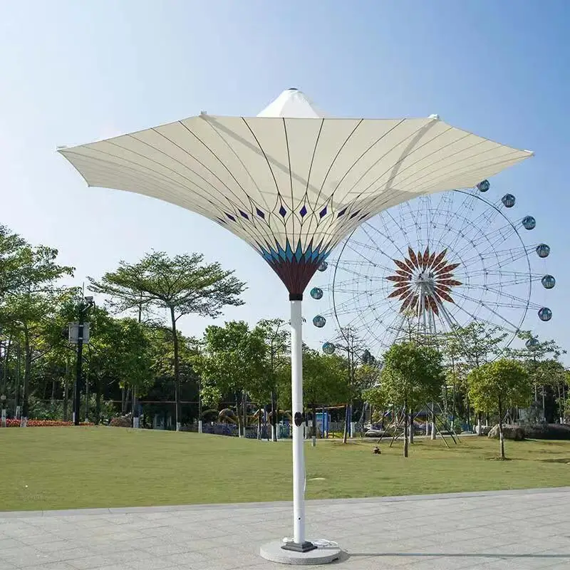 & Outdoor Patio Umbrella with LED Lights, White Garden Parasol for Hotel, Homestay & Advertising