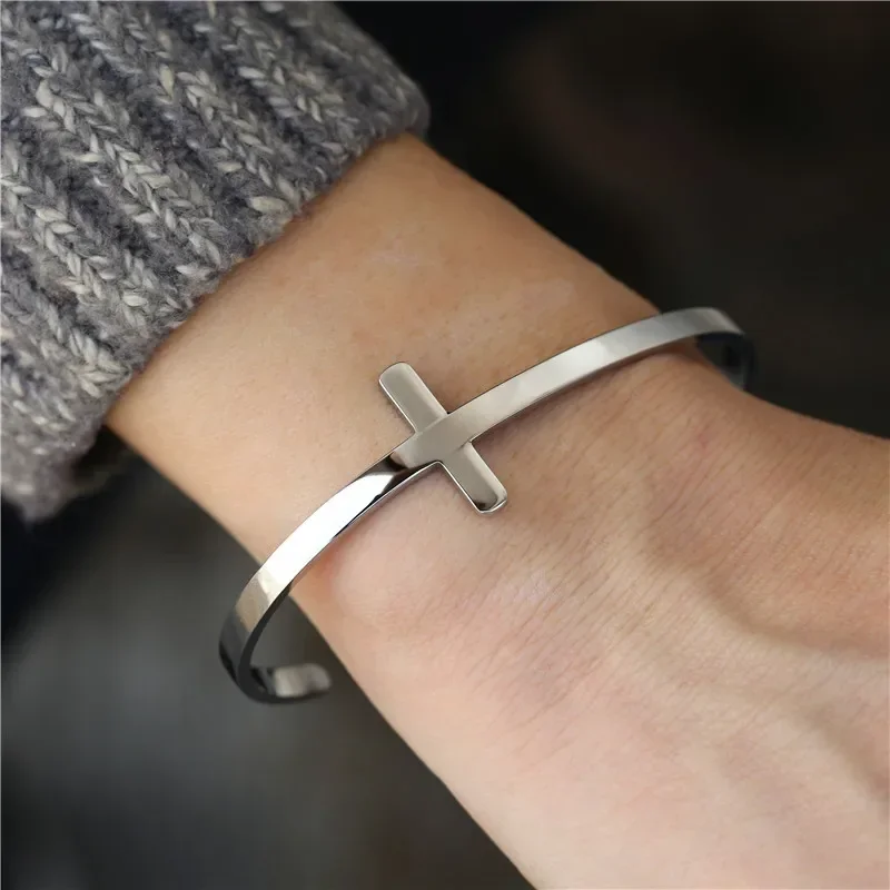 Trendy Silverly Simple Cross Cuff Bracelet Stainless Steel Sideways Open Cuff Bracelets Bangle For Women Men Unisex Jewelry Gift