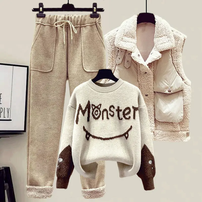 2024 Winter neue Kaschmir Weste Mantel Stickerei Strick pullover Freizeit hose dreiteilige elegante Damen hose Set Outfit