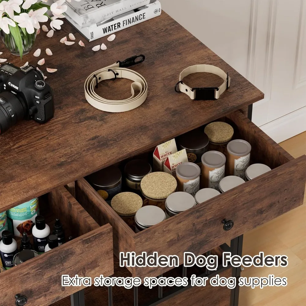 犬用ケージ家具、収納引き出し付き木製犬小屋、車輪付き大型犬用ケージ、頑丈な木製犬用ケージエンドテーブル