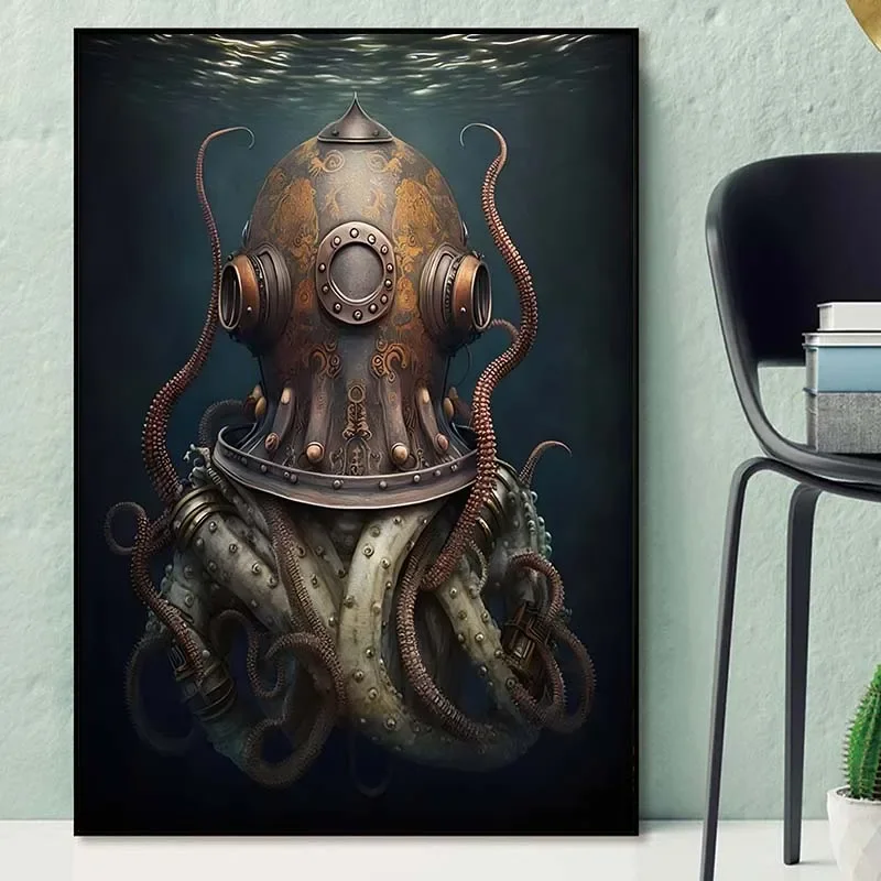 Retro Octopus in A Top Hat and Kraken Sea Diver Canvas Painting Vintage Wall Art Poster Print Ocean Animal Art Picture Decor