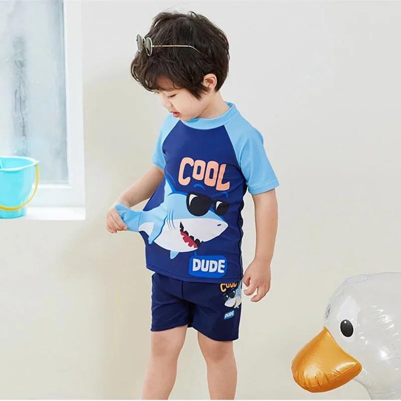 Boy Short Sleeve Shark Cartoon Swimsuit Children Sunscreen Swimwear 2-10 Year Kid Two Pieces Toddler Infant Bathing Suit