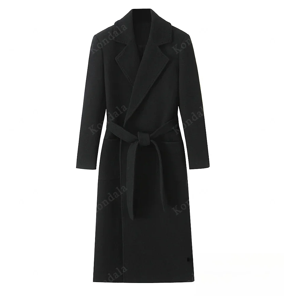 

KONDALA элегантное женское длинное пальто с поясом, классическое черное пальто с лацканами и тонкой талией, осень-зима 202, модное женское длинное пальто в британском стиле
