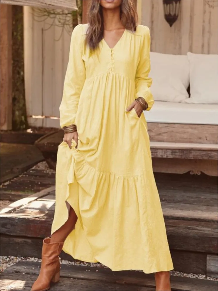 Women\'s Button Cotton And Linen Retro Casual Long-sleeved Dress Autumn New Fashion Solid Elegant Beach Party Dresses Robe Femme