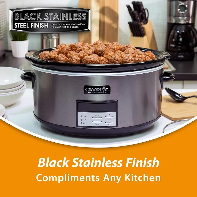 Crock-Pot Large 8 Quart Programmable Slow Cooker with Auto Warm Setting and Cookbook, Black Stainless Steel (Pack of 1)