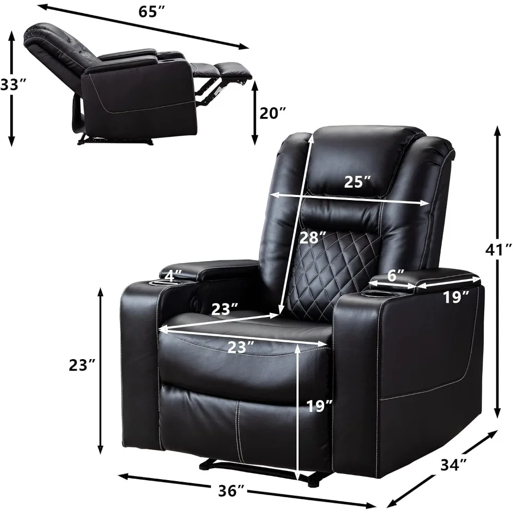 Electric Power Recliner Chair with USB Ports and Cup Holders, Breathable Leather Home Theater Seating with Hidden Arm Storage