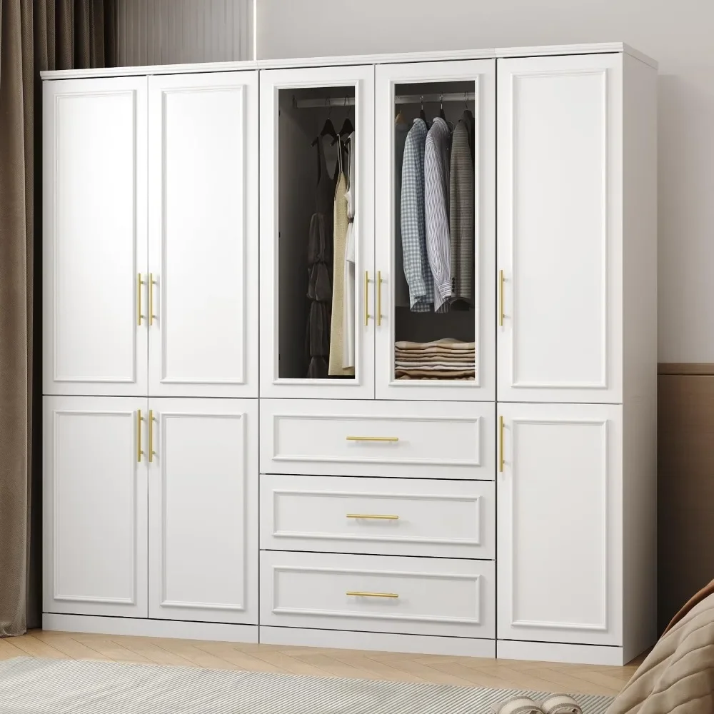 White ultra wide wardrobe with 8 doors, drawers, storage shelves and hanging poles, wooden wardrobe, bedroom storage cabinet