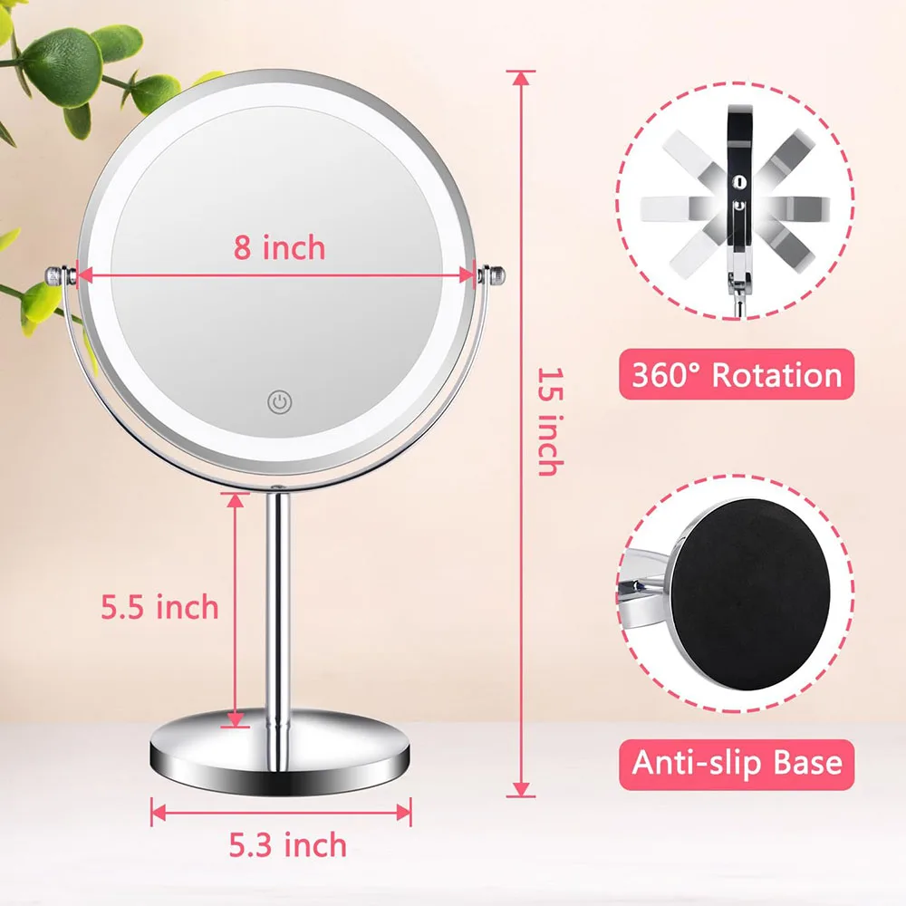 Lighted Makeup Mirror with Magnification, Led Vanity Mirror with Lights, 8 英寸 Swivel Portable Cordless Desk Mirror