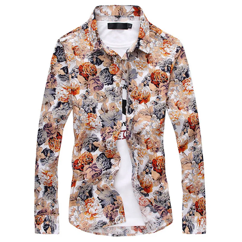 Men's Long Sleeve Cotton Floral Shirt Dress Loose Fit Thickened Fleece Autumn Wear Chinese Brand Other Square Collar