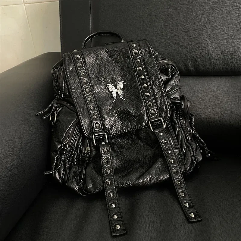 MBTI Y2k Black Womens Backpack Vintage Fashion Gothic Soft Pu Leather School Backpack Large Capacity Men Casual Original Bag Sac