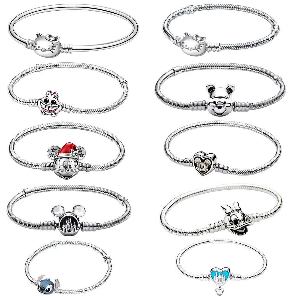 Pulseras de Plata 925 con Diseño de Minnie, Mickey y Donald Duck, Cierre de Corazón, Abalorios, para Mujer, Regalos de Joyería DIY, Novedad 2026