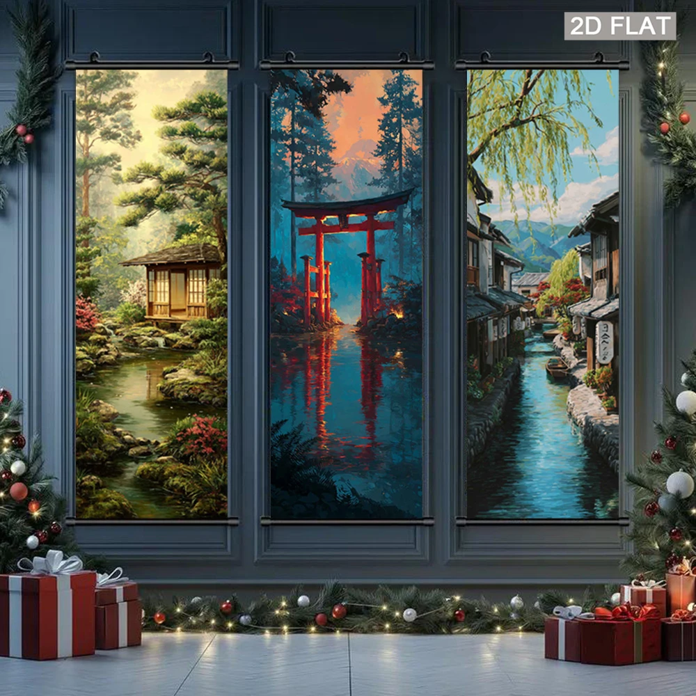 VIKAMA Japanese Torii Scroll Tapestry, River Forest Cabin Wall Decor, Oriental Landscape Fabric Poster for Bedroom Living Room