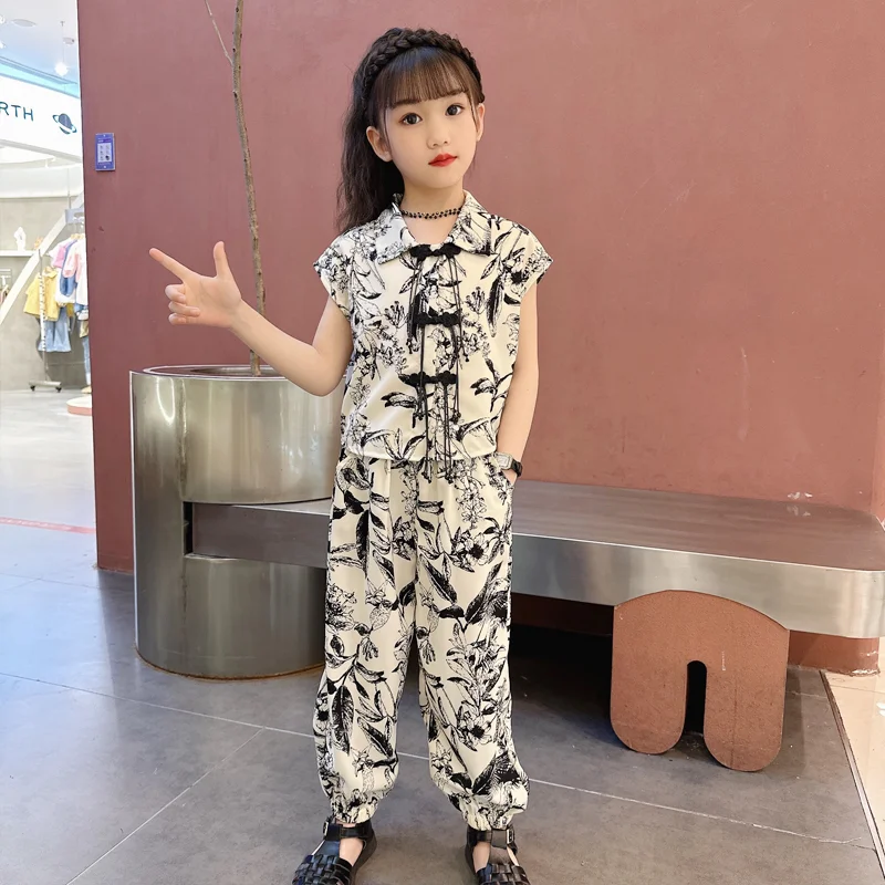 Spring Summer Fashion Polo Collar Sleeveless Kids Tie Dyed Print Children's Clothing Loose Plate Buckle Kawaii Children's Sets