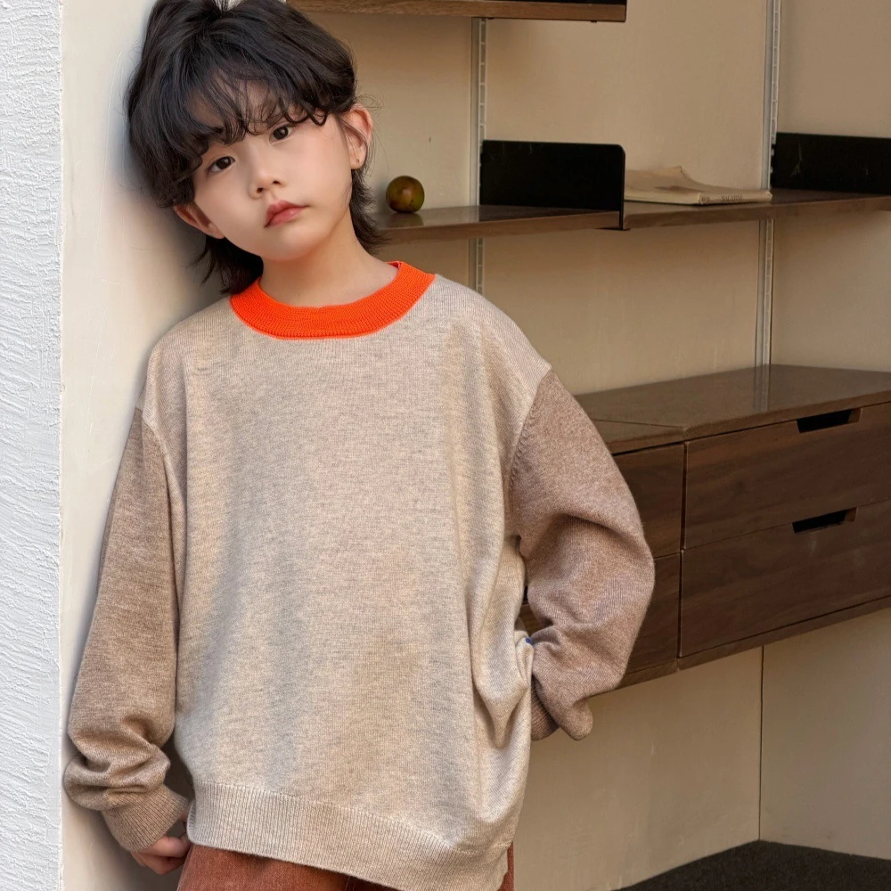 Boys' Suit 2026 Spring and Autumn New Children's Wear Boys' and Girls' Contrast Color Sweater Wash Wide Leg Jeans Two-piece Set