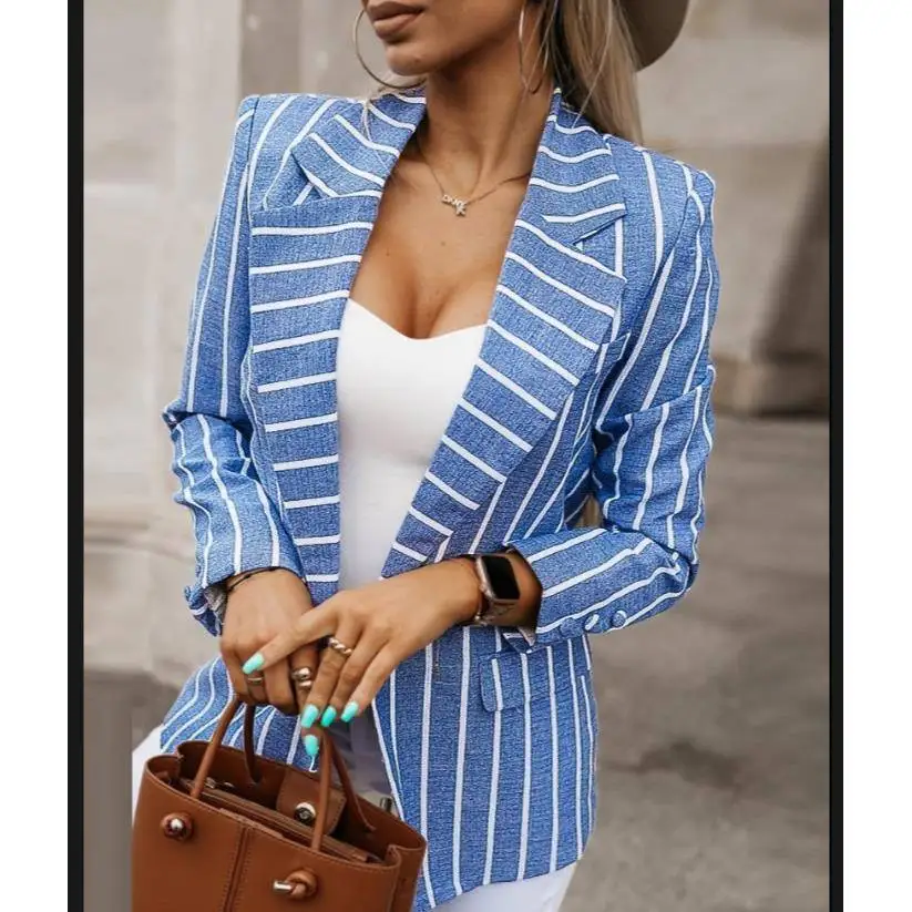 

Faionable Striped Print Long Sve Women's Coat 2023 New Arrival Briti Sle Slim Fit Polyester Fiber Commute Bus...