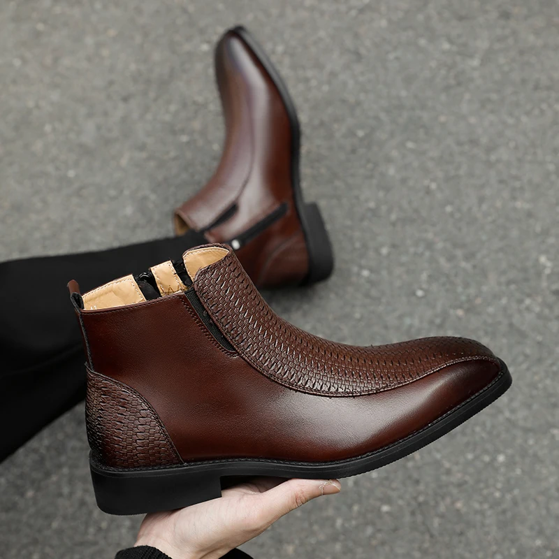 

Men High Top Boots PU Embossed Pattern Low Heel Professional Classic Business Men Boots