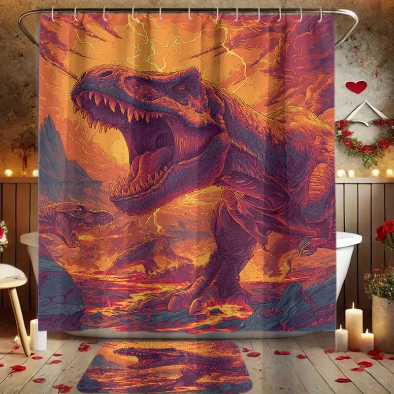 4pcs Fire Dragon Festival Beast 2D Flat Print Shower Curtain Set, Bathroom Decor Kit Includes Shower Curtain, Non-Slip Mat
