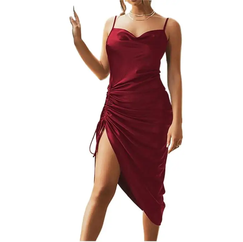 Vestido de tirantes finos para mujer, ropa Sexy sin mangas, camisola de satén, cuello bajo, Verano