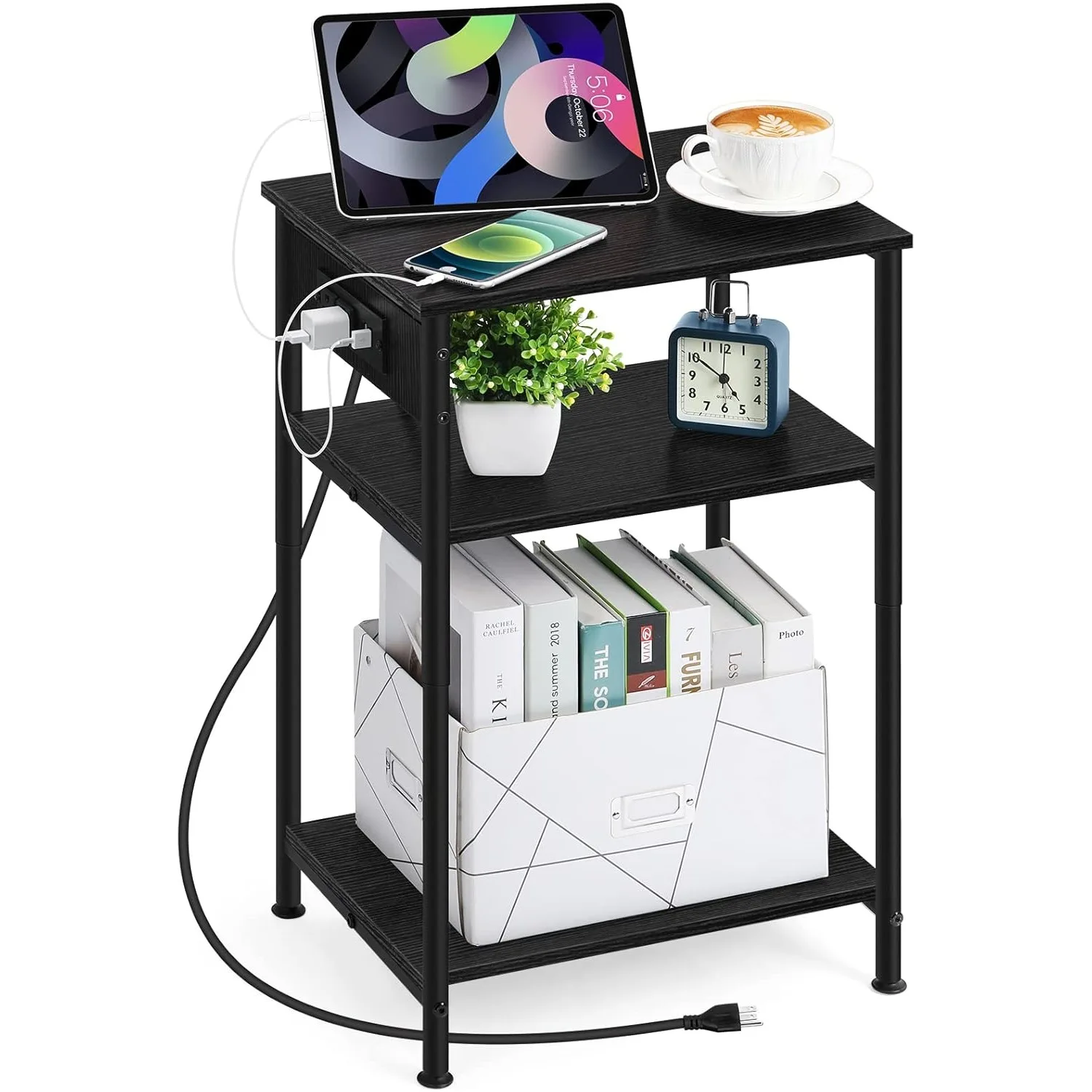 

Space-Saving Nightstand with USB & Outlet Charging Ports, Narrow Bedside Table with Storage Drawer & Shelf (Black)
