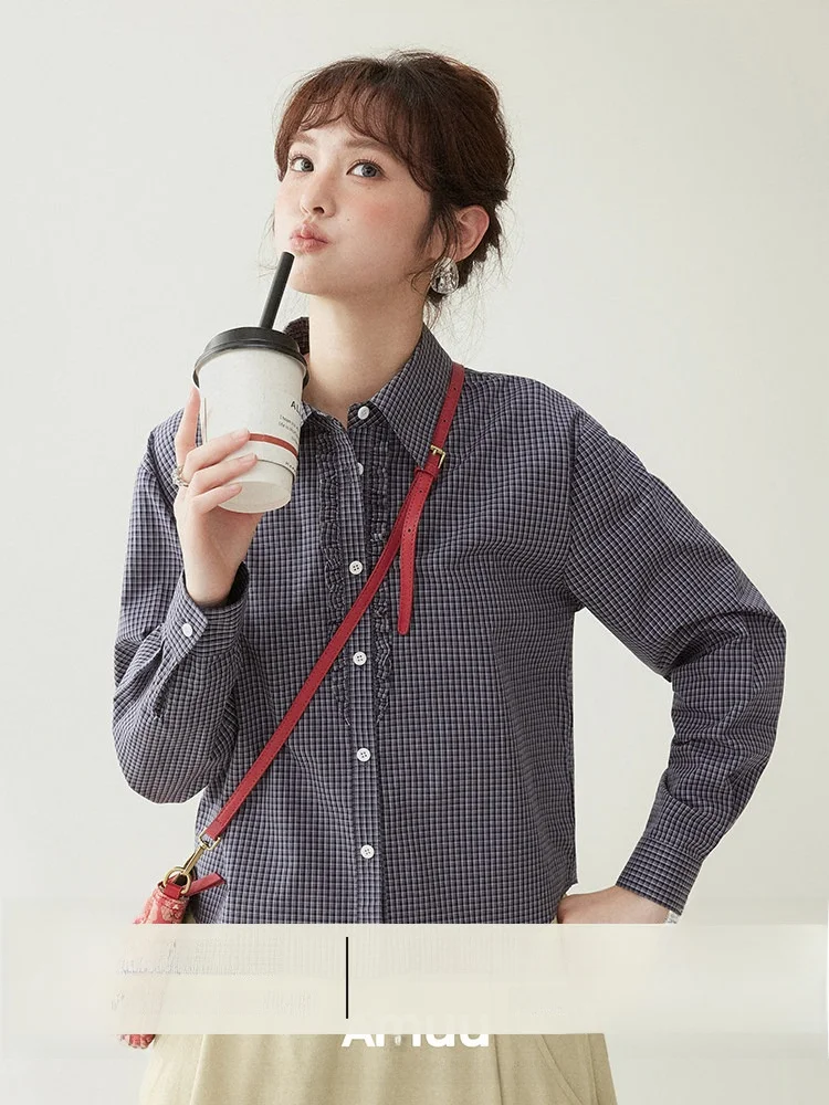 

AMUU Original Plaid Wood Rim Button Pure Cotton Short Shirt Women Early Spring New Style Japanese Style Loose Fit Long Sleeve