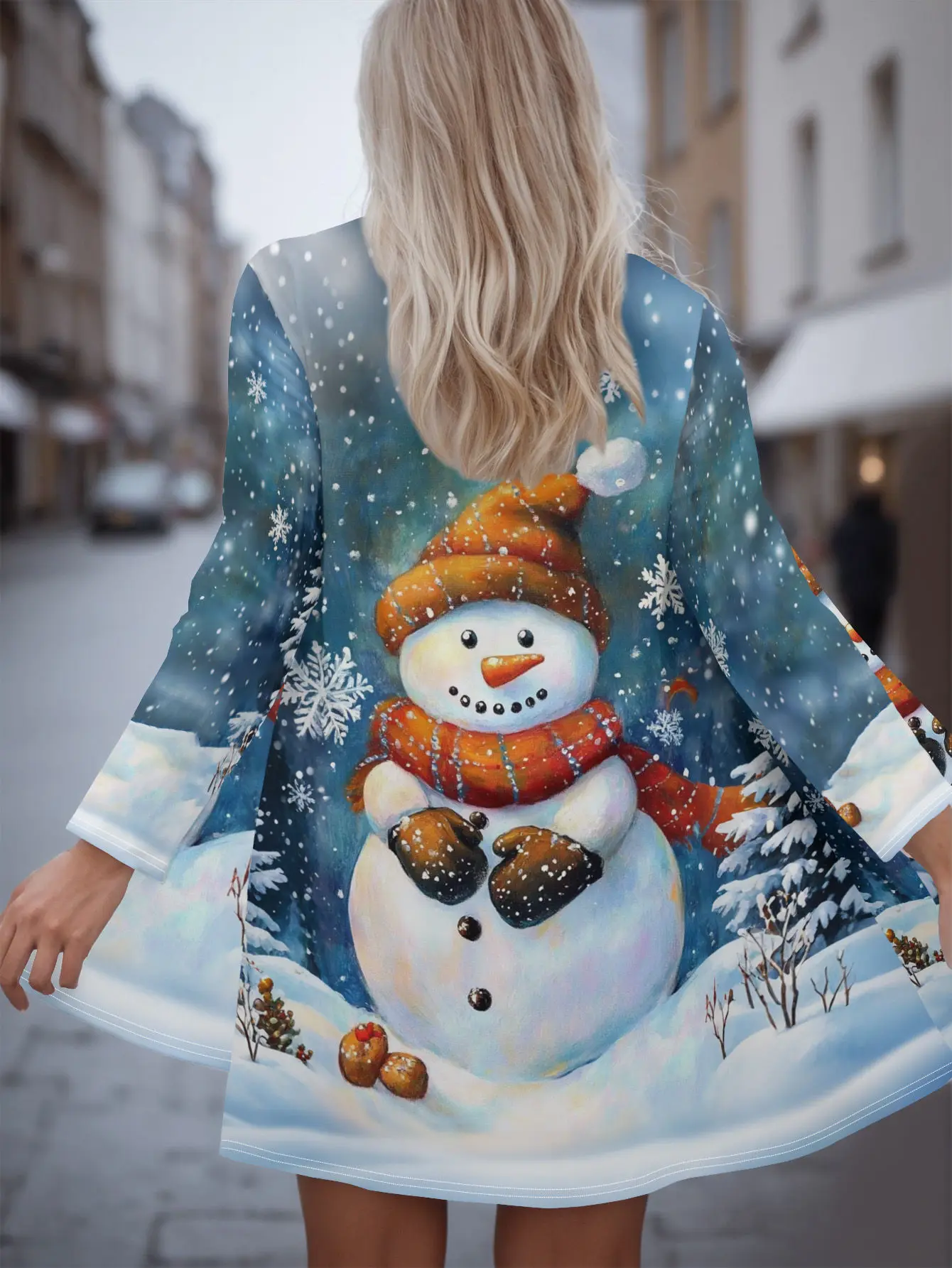 

Christmas women's casual jacket with snowman print and front opening cape design for autumn and winter women's outerwear